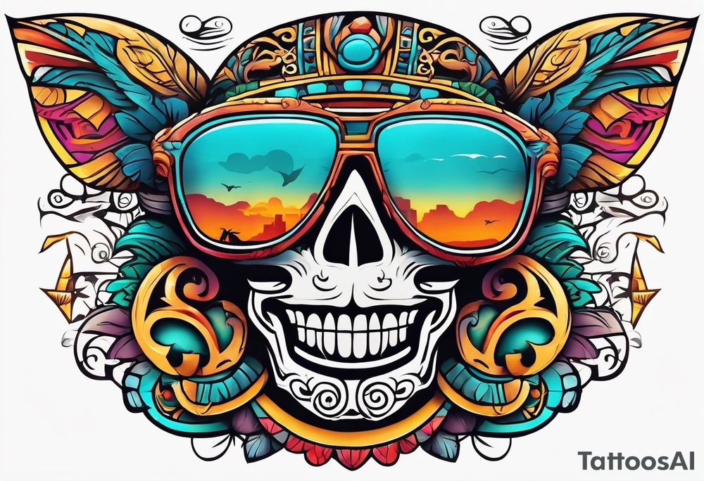 Colorful Mayan hieroglyph wearing sunglasses with waves and bats tattoo idea