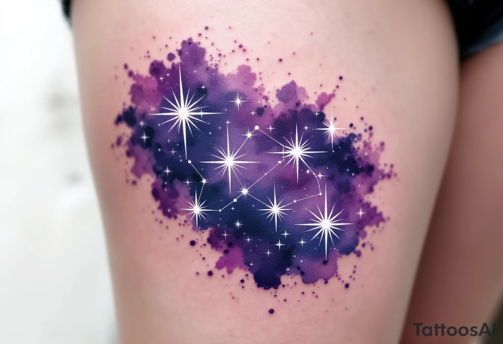 Stars of the Capricorn constellation glowing in white ink over a watercolor patch of purple and navy. tattoo idea