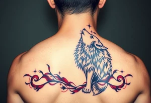 A wolf howling under a blood-red moon, in hues of dark red, black, and silver, symbolizing power and primal energy tattoo idea