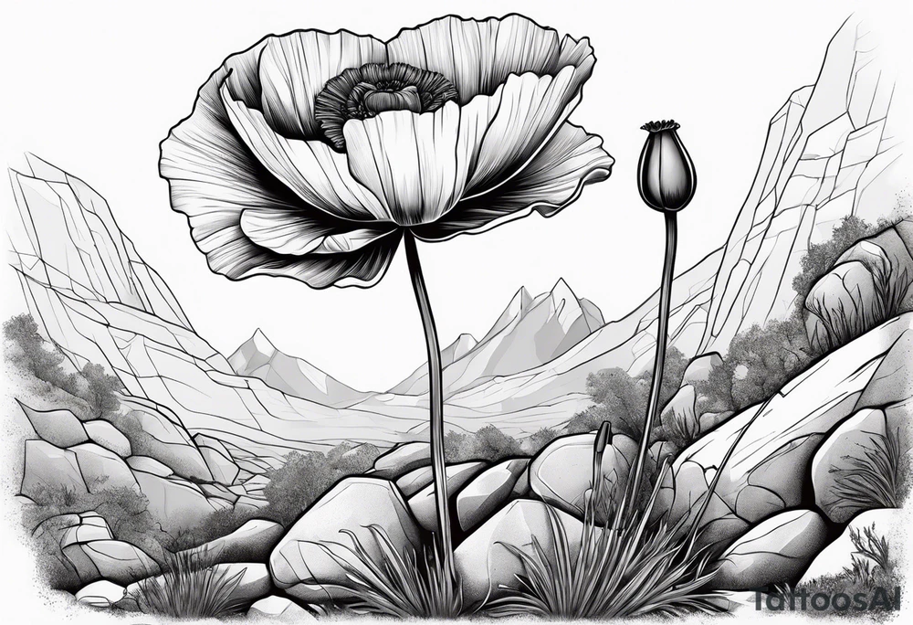 poppy growing out of rock with roots hugging 
rock in love tattoo idea