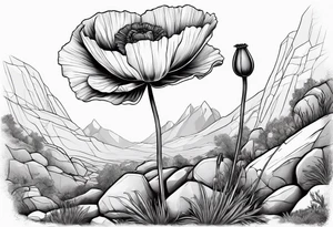 poppy growing out of rock with roots hugging 
rock in love tattoo idea