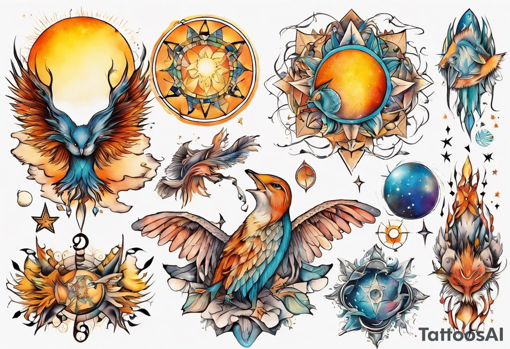 fisch, fuchs und eule , symetrie  sonne, universum, bunt, " sapere aude" tattoo idea