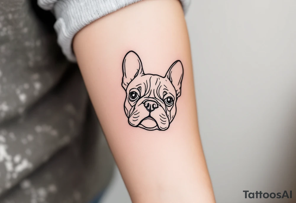 Minimalist line art of a French Bulldog’s face, with clean black lines and a small red heart near the nose. tattoo idea