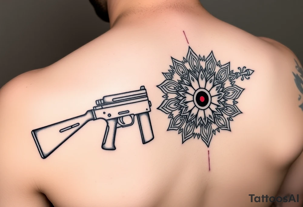 "Black linework tattoo merging two elements:
1. HISTORICAL: Maxim M1910 machine gun (simplified silhouette)
2. SPIRITUAL: Tibetan mandala (8-spoke design)

Key details:
- Gun barrel TRANSFORMS into mandala (smooth geometric transition)
- Water cooling jacket resembles Dharma wheel
- Ammo belt becomes prayer beads (tiny Om symbols)
- Red dot sight is ACTUAL 1mm mirror insert

Technical specs:
- Pure black ink
- Size: 12cm length (forearm placement)
- Style: Geometric sacred meets mechanical
- No shading/background

Philosophy reference: 
'Weapons as enlightenment tools' from Chapaev and Void" tattoo idea