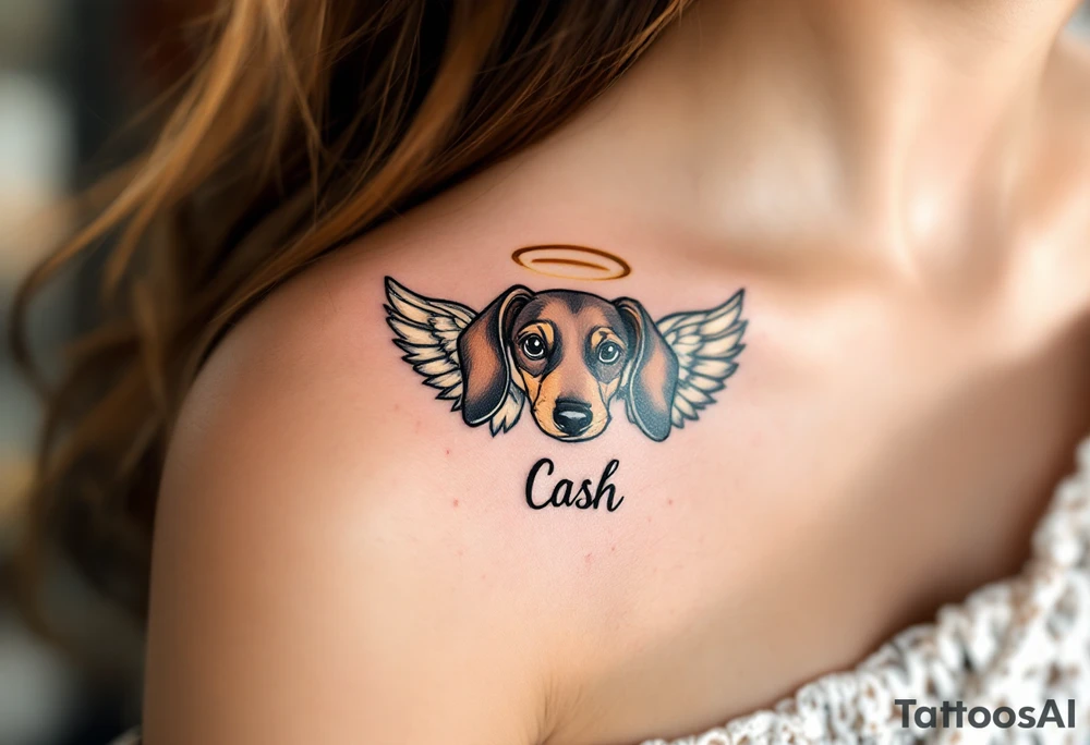 Dachshund ears between wings with a halo above and the name Cash tattoo idea