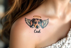 Dachshund ears between wings with a halo above and the name Cash tattoo idea