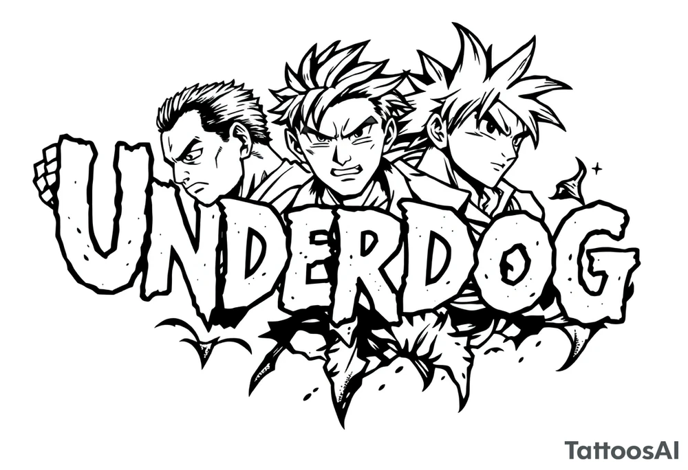 the word underdog in a with 3 anime characters Hajime no Ippo and Naruto and son Goku tattoo idea
