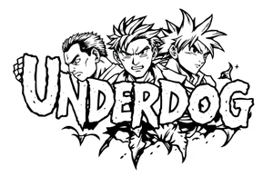 the word underdog in a with 3 anime characters Hajime no Ippo and Naruto and son Goku tattoo idea
