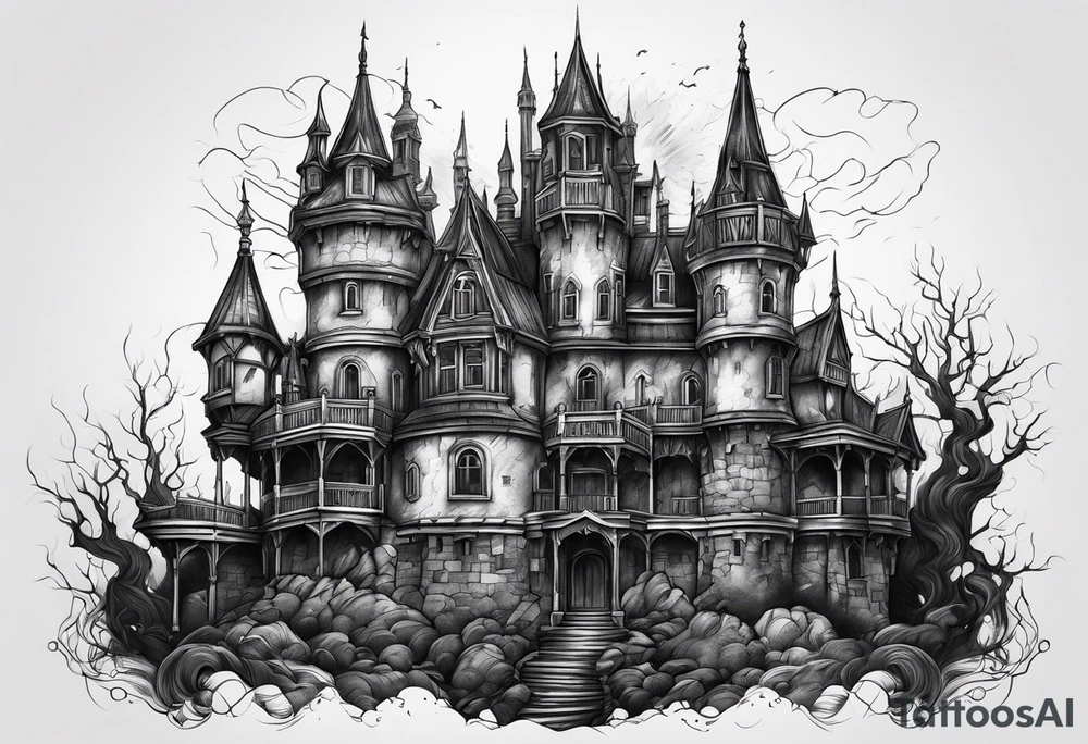Scary rotting haunted castle portrait tattoo idea