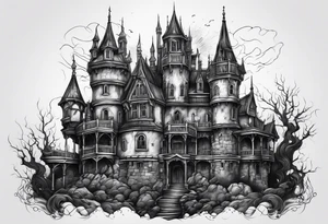 Scary rotting haunted castle portrait tattoo idea