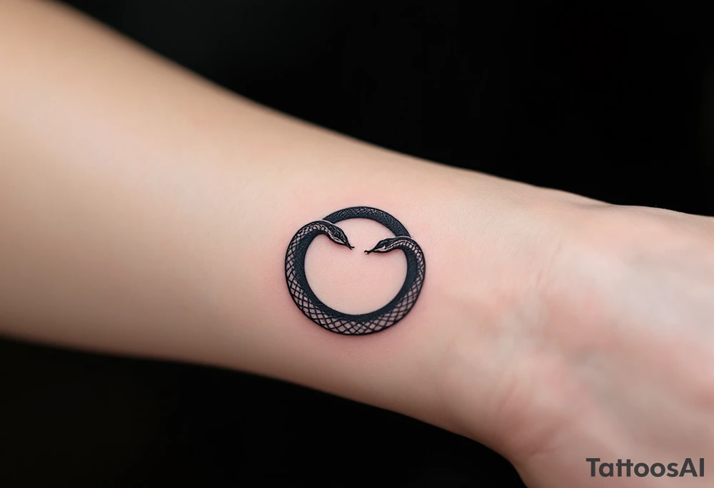 A minimalist Ouroboros snake forming cyrcle made from a single, unbroken black ink stroke tattoo idea