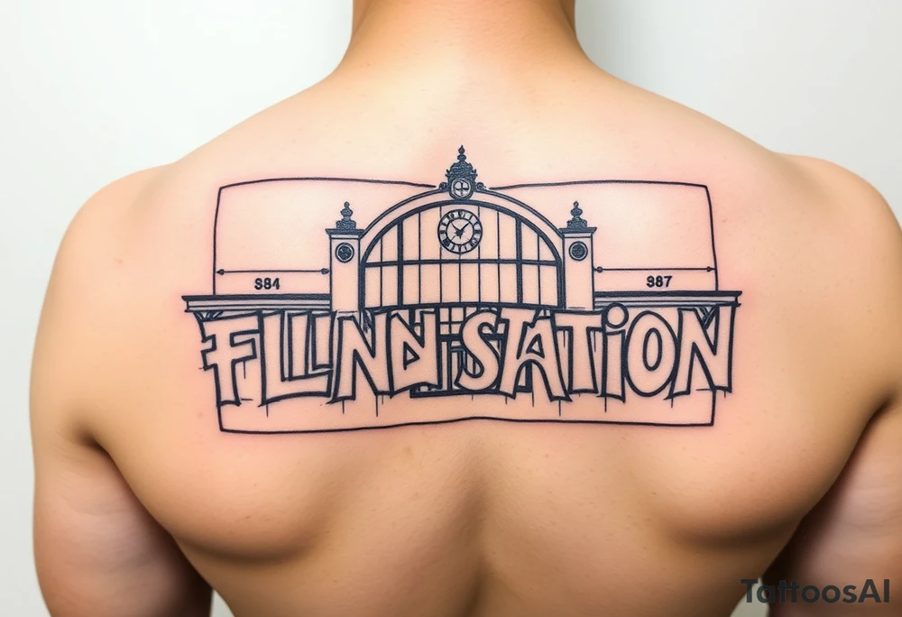 Flinders street station in mlebourne in graffiti style in a rectangle outlined box in portrait orientation tattoo idea