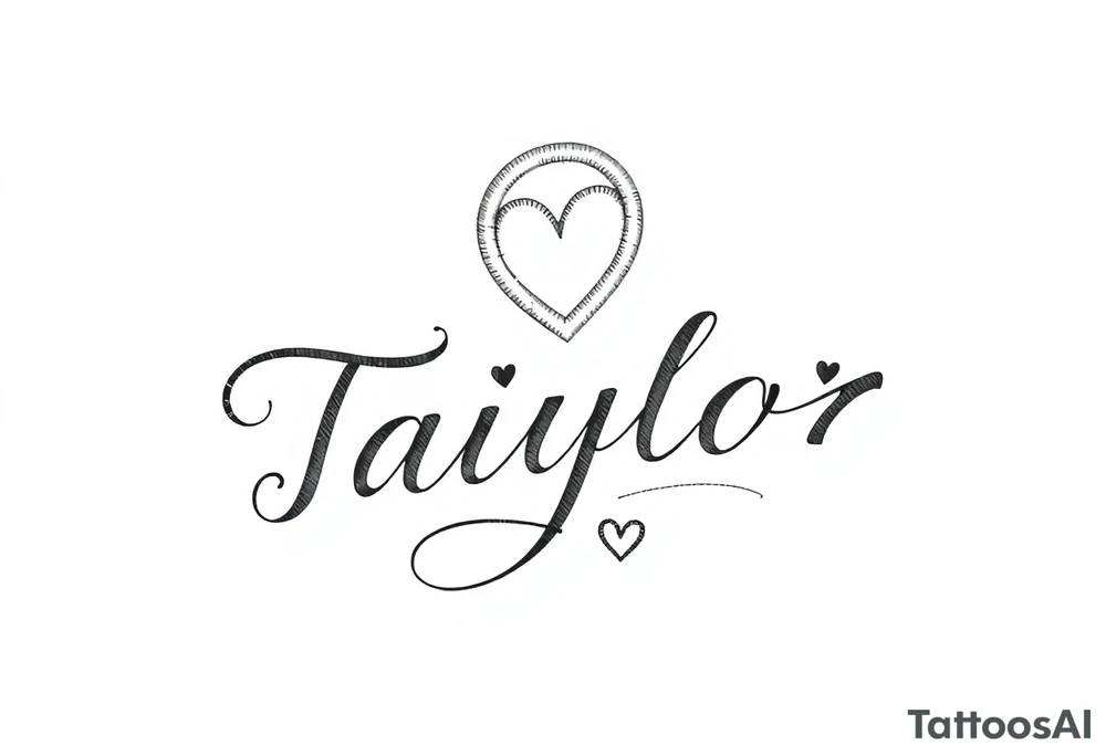 The name Taiylor spelled vertical with the O as as ring behind the ear with hearts tattoo idea