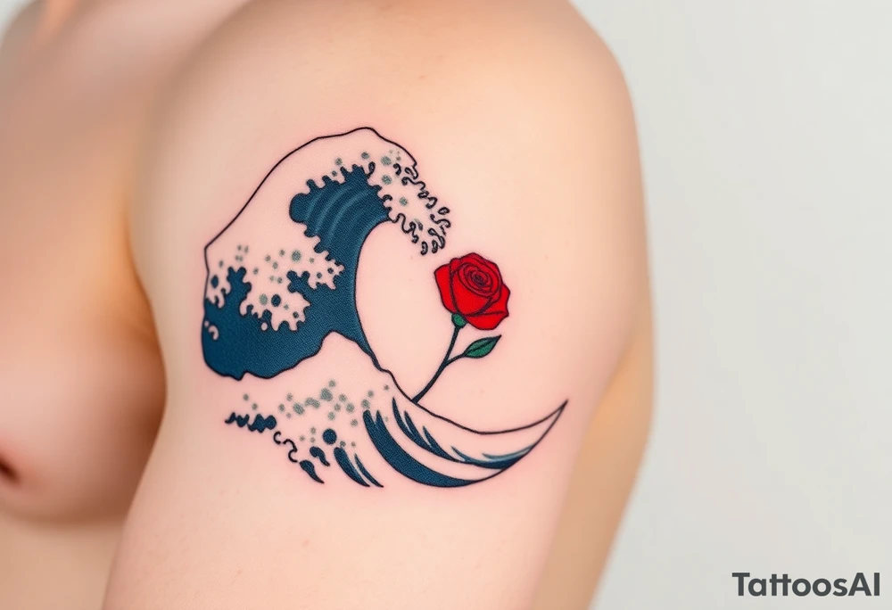 The Great Wave off Kanagawa With a red rose with a stem on the side of the wave tattoo idea