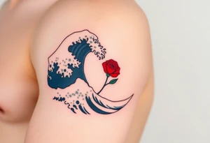 The Great Wave off Kanagawa With a red rose with a stem on the side of the wave tattoo idea
