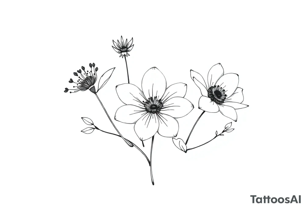 two july birth flowers, one november birth flower and a december birth flower in a boquet tattoo idea