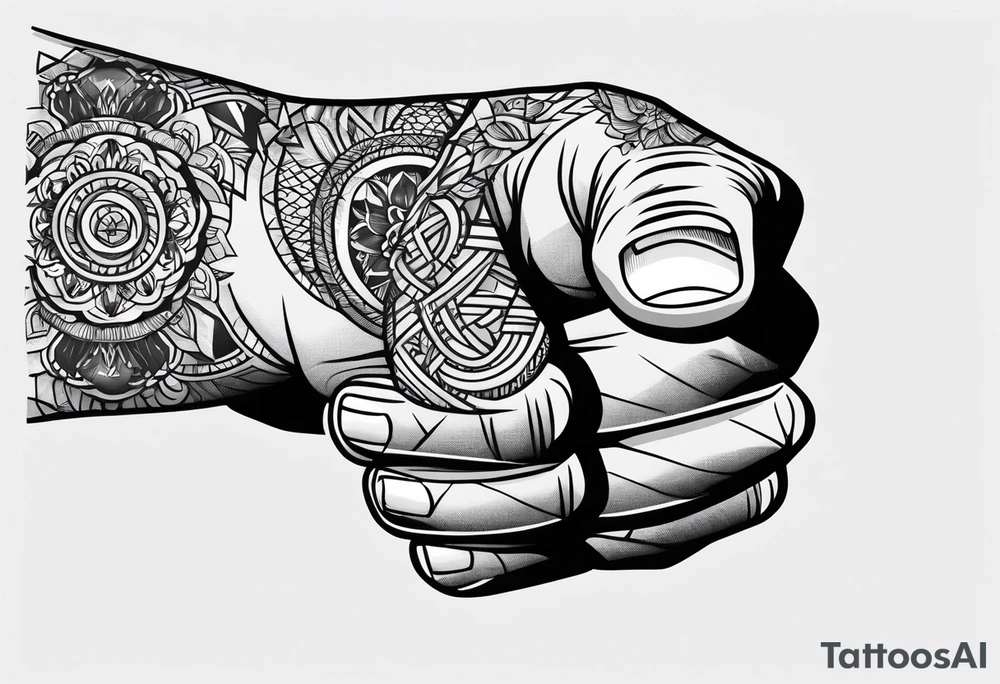 A clenched fist, the hand contains five fingers as specified, the tattoo is a back tattoo using negative space drawing techniques tattoo idea