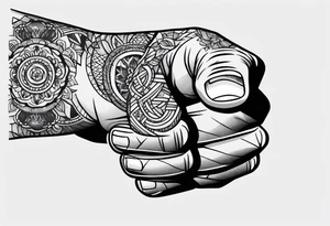 A clenched fist, the hand contains five fingers as specified, the tattoo is a back tattoo using negative space drawing techniques tattoo idea