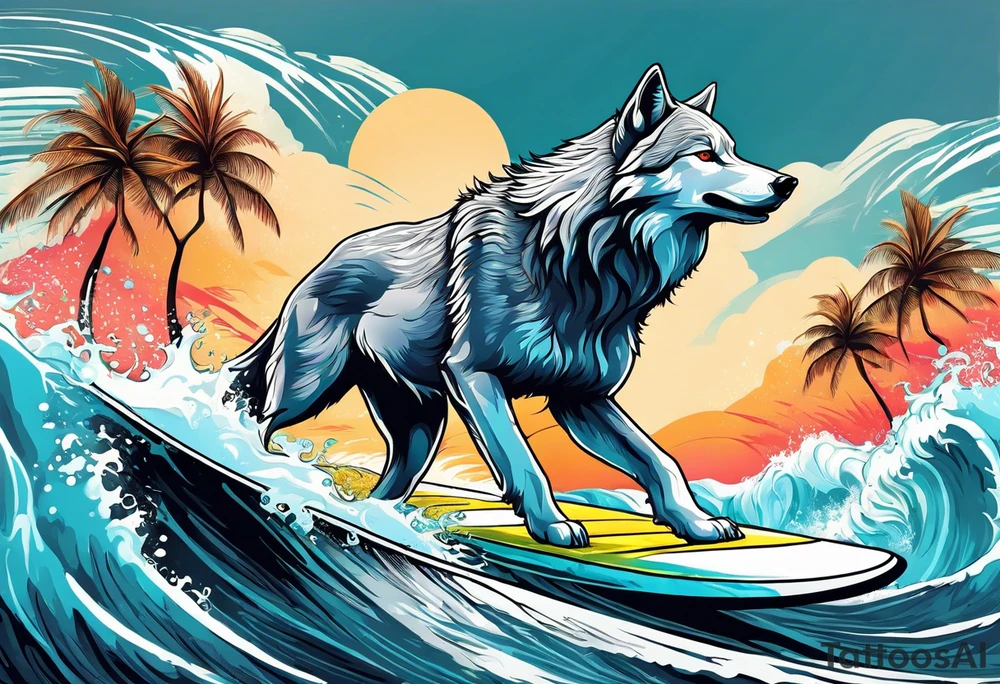 a pack muscular of gray wolves surfing with a tropical background tattoo idea