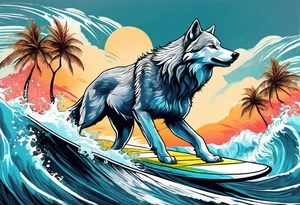 a pack muscular of gray wolves surfing with a tropical background tattoo idea