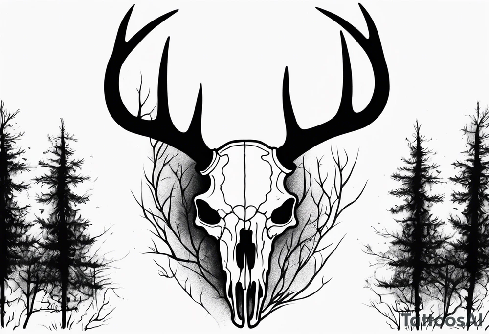 side profile of a DECAYING deer skull JUST BONE lore accurate surrounded by a flames and trees tattoo idea