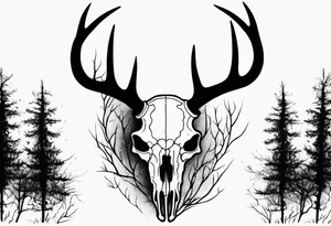 side profile of a DECAYING deer skull JUST BONE lore accurate surrounded by a flames and trees tattoo idea