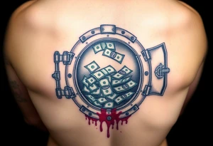 Open vault full of money with splatters of blood more realistic tattoo idea