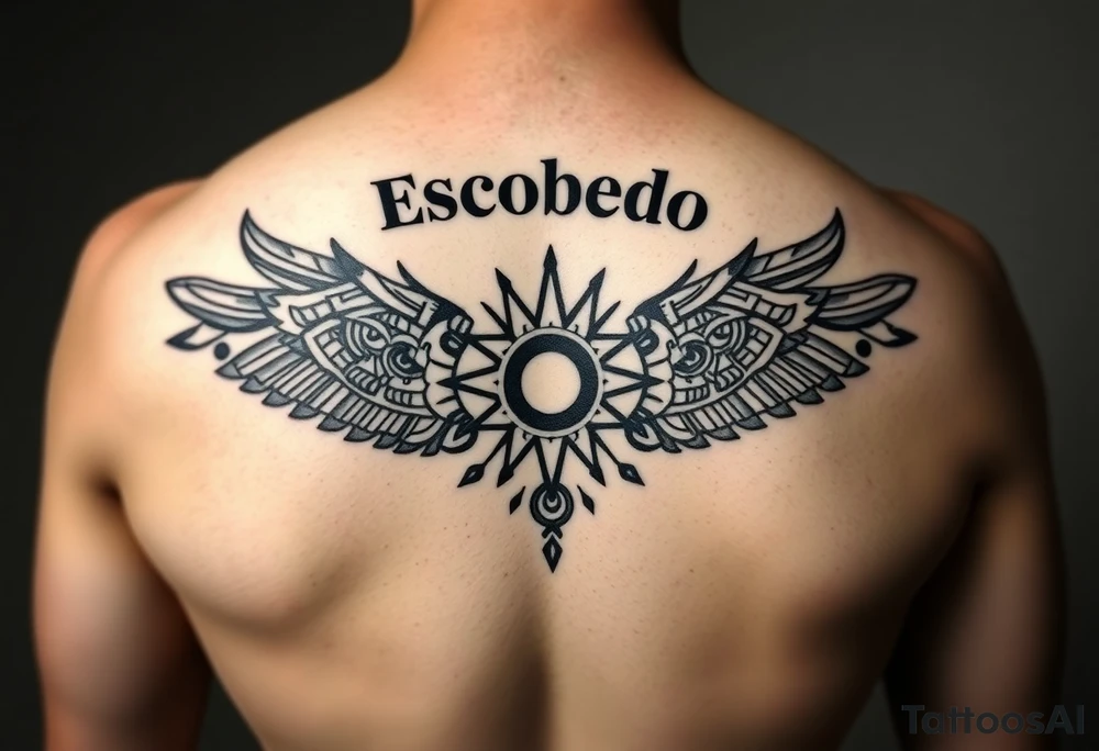 "A symmetrical Aztec or Mexican tribal pattern, incorporating geometric shapes, warrior masks, and sun symbols. The design is centered just below the bold 'Escobedo' name across the shoulders, maintaining a balanced and culturally meaningful aesthetic." tattoo idea