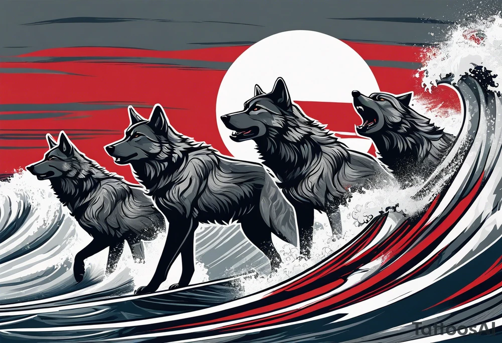 a pack of 3 howling muscular  gray wolves surfing waves with a linear background with red, white and black and gray tattoo idea