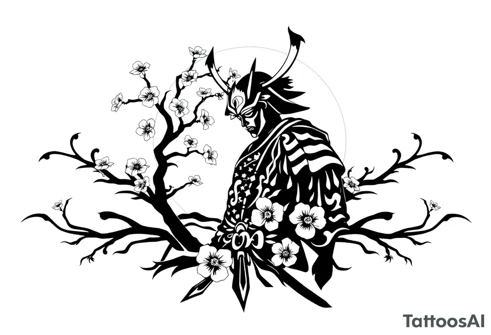 noble samurai warrior silhouette at sunset with cherry blossoms tattoo idea