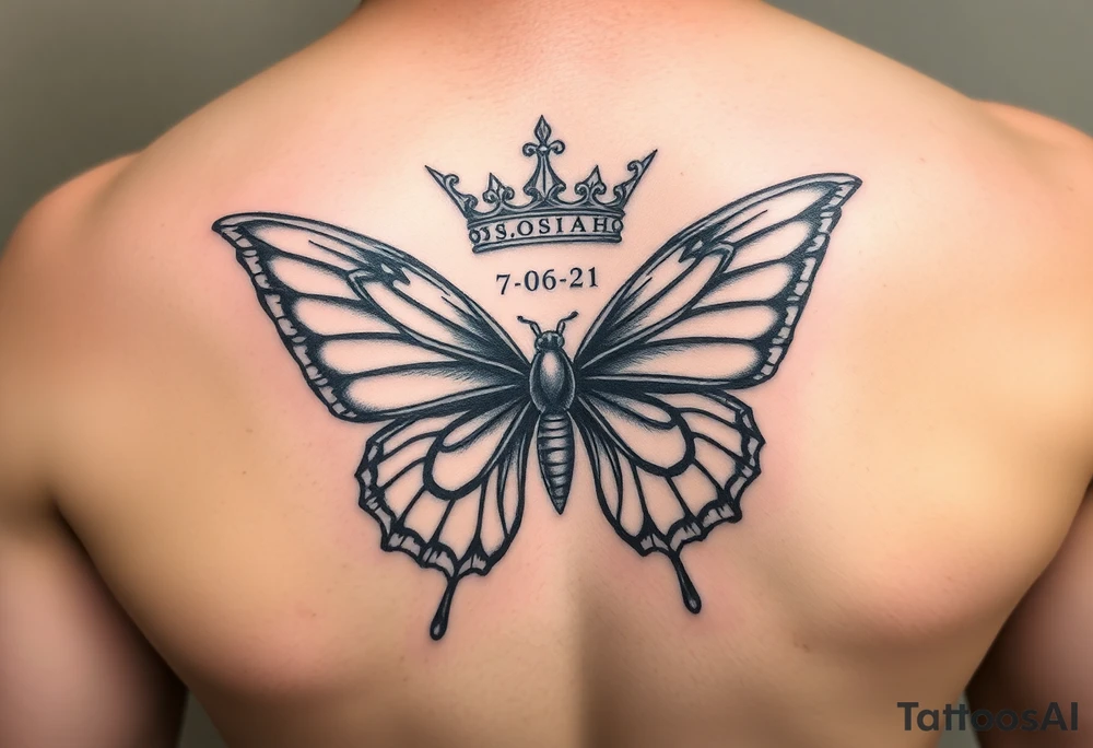 majestic butterfly angel with two king crowns and in grave in one of the king crowns the names JOSIAH wuth the date 7-06-21 in roman numerals and I. The other king crown the name Adian with the date 3-10-23 in roman numerals tattoo idea