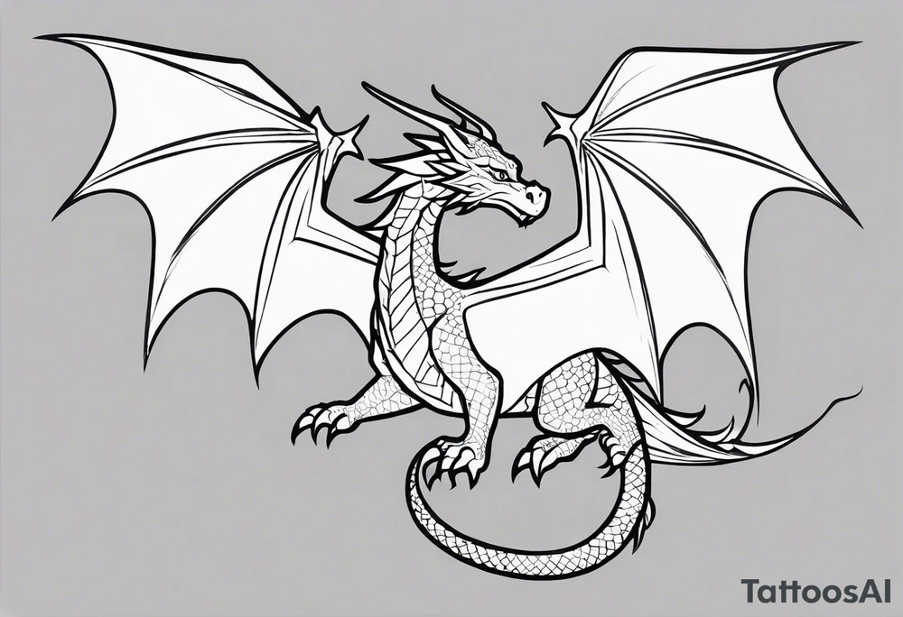Symmetrical, Realistic dragon, facing forward. With both wings spread out. Torn look to wings. Tails wraps down and has a morning star weapon at the end of tail. The tattoo would be suitable for the centre of a chest tattoo idea