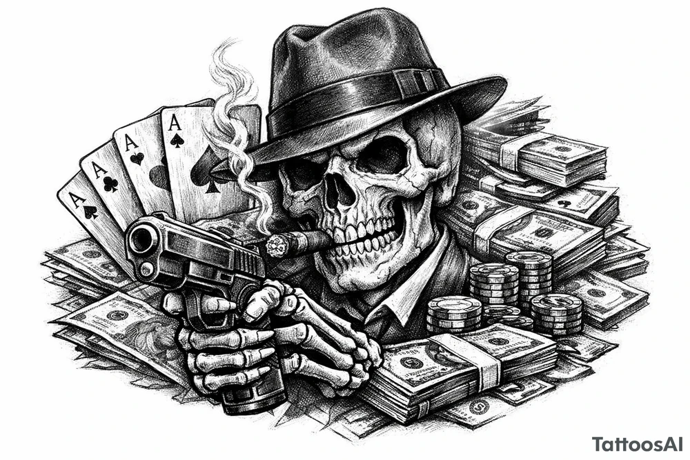 skull with gangster-hat,cigar in his mouth,gun in a skeleton-hand,playing cards,a lot of money. tattoo idea