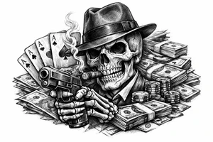skull with gangster-hat,cigar in his mouth,gun in a skeleton-hand,playing cards,a lot of money. tattoo idea