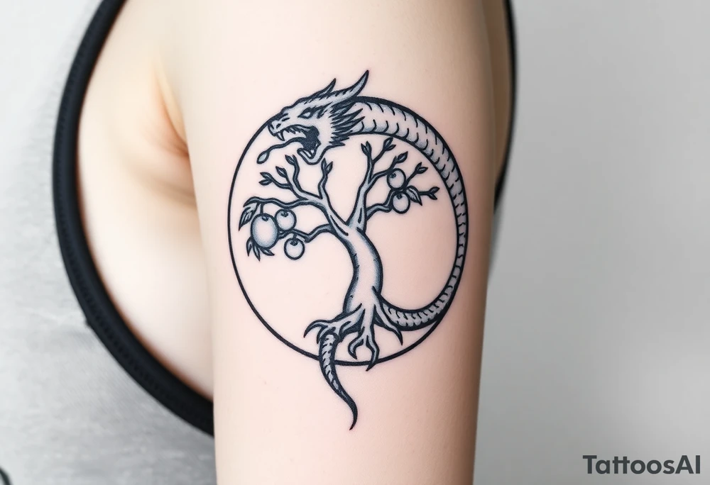 a dragon forming a circle with its body.  the dragon encircles the tree of life.   the tree of life has fruit  and the dragon is eating the fruit. the roots of the tree are strangling the tail of the dragon tattoo idea