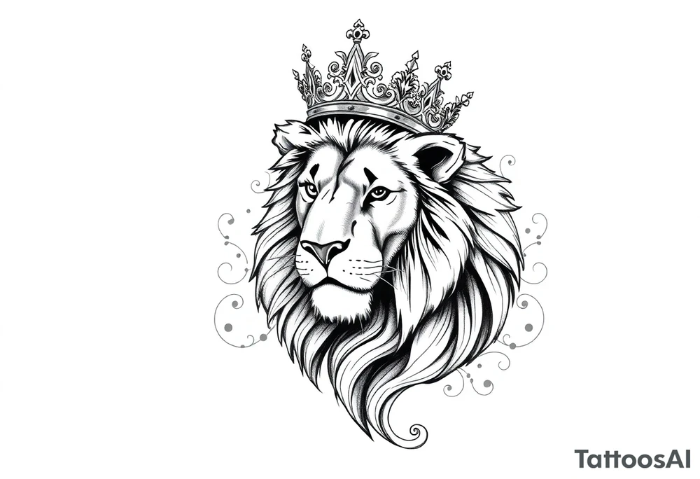 majestic lion wearing ornate crown, surrounded by baroque flourishes tattoo idea