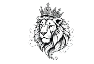 majestic lion wearing ornate crown, surrounded by baroque flourishes tattoo idea