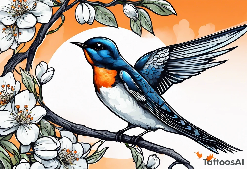 swallow sitting on an orange blossom branch with its wings open tattoo idea