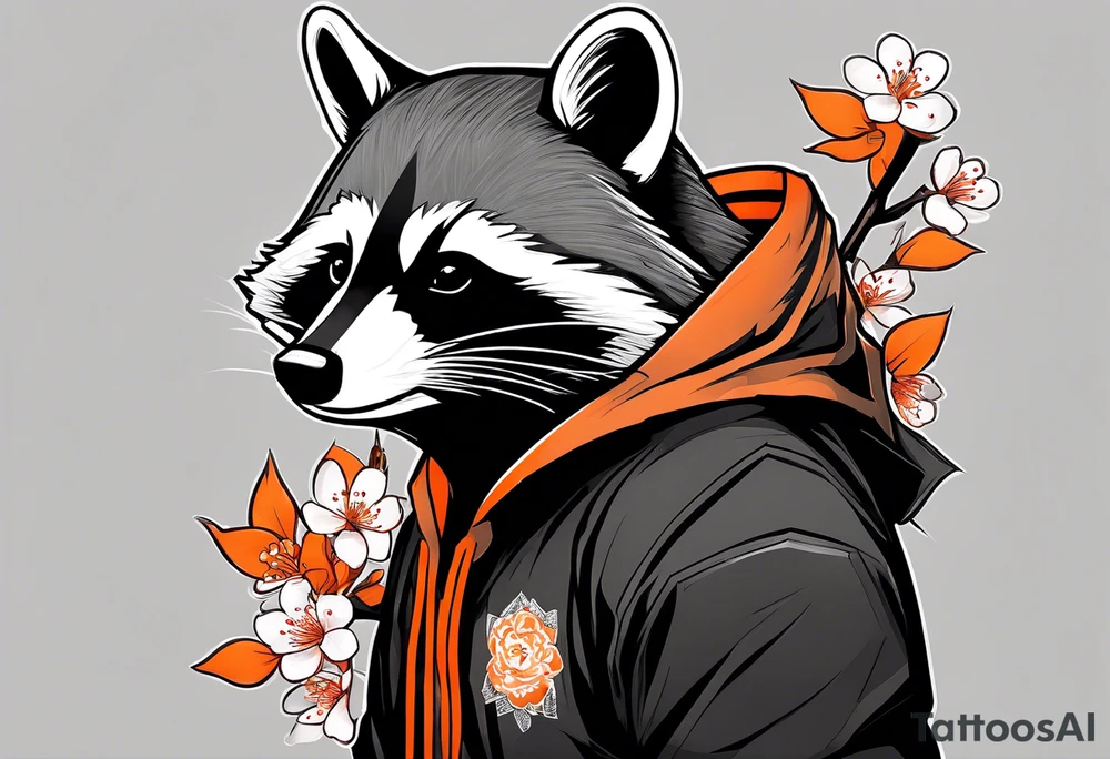 Raccoon wearing a white Superman logo on a black hoodie and orange Japanese cherry blossoms tattoo idea