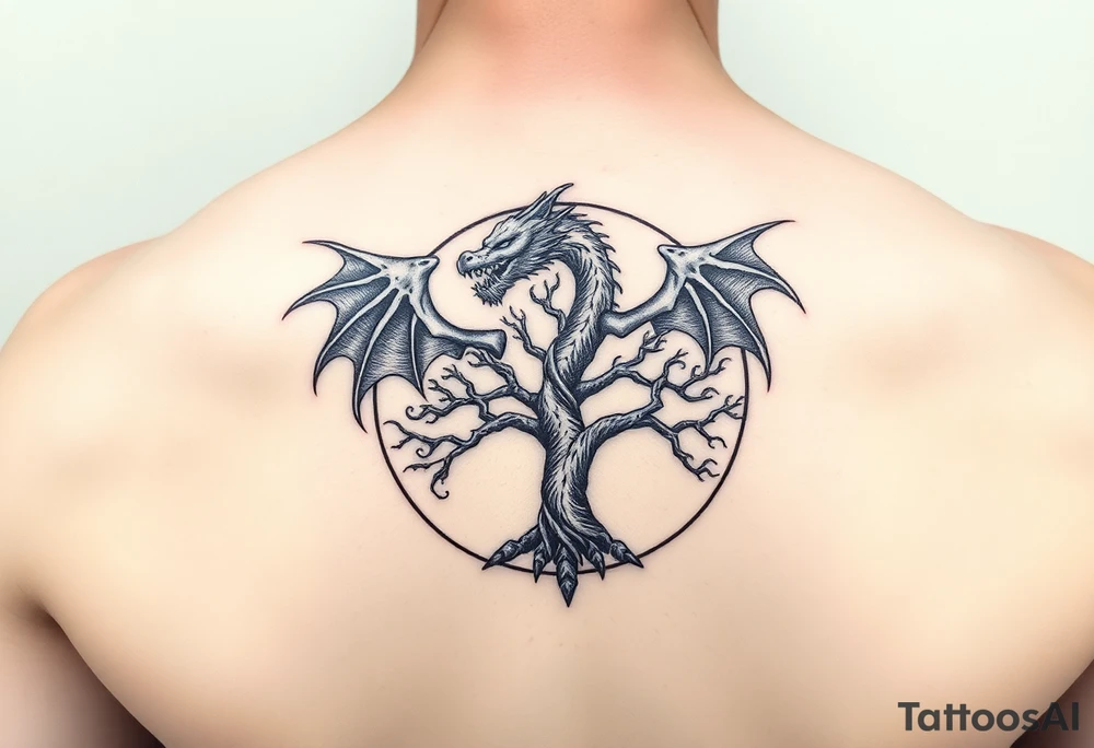 a dragon encircling the tree of life tattoo idea
