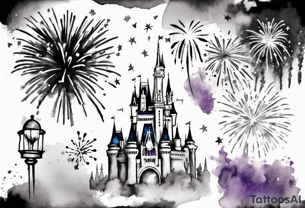 Disney park icon in black and white with watercolor fireworks behind. Watercolor should be green, yellow, and purple. tattoo idea