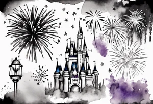 Disney park icon in black and white with watercolor fireworks behind. Watercolor should be green, yellow, and purple. tattoo idea