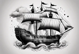 Air ship with tattered sails flying through a storm tattoo idea