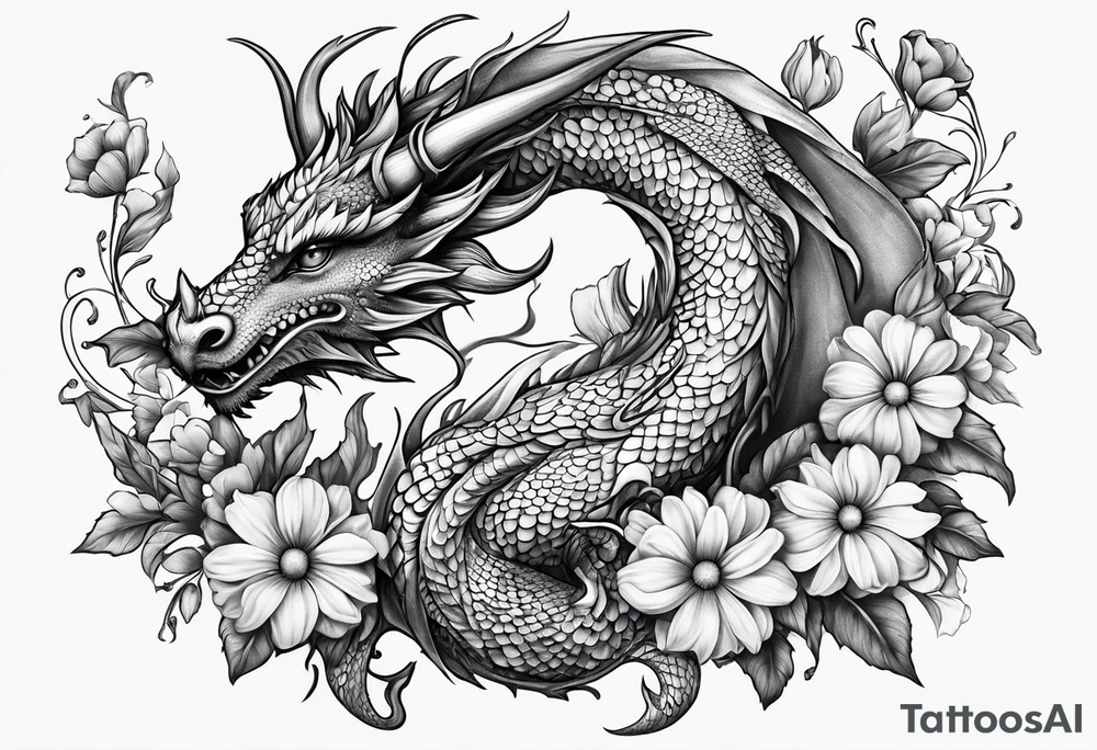 Dragon Aries sweet pea daisy tattoo idea