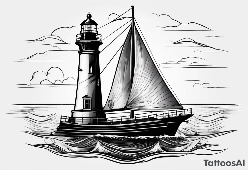 maritime lighthouse in a front view sailboat serving as a mast for a sail. tattoo idea
