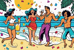 vintage beach dance party with music and confetti, tropical drinks tattoo idea