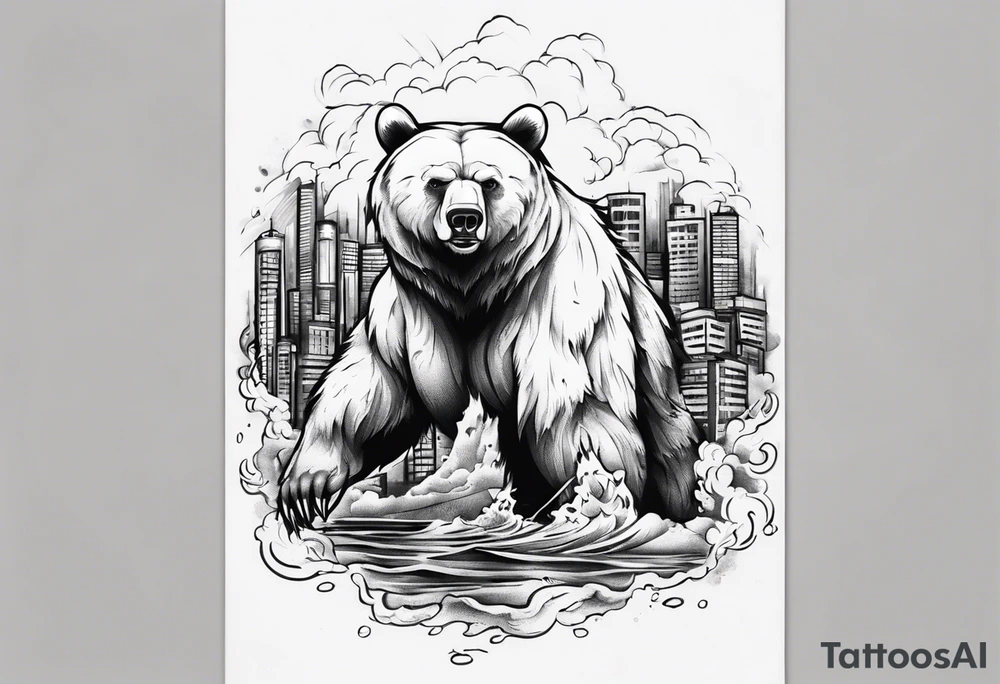 Serious bear coming up behind a city tattoo idea
