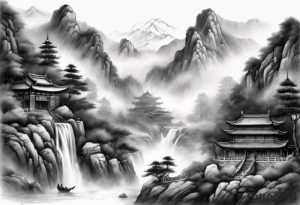 forearm sleeve traditional chinese art painting style mountains mist fog waterfall Chinese temple two old men wearing robes and drinking tea tattoo idea