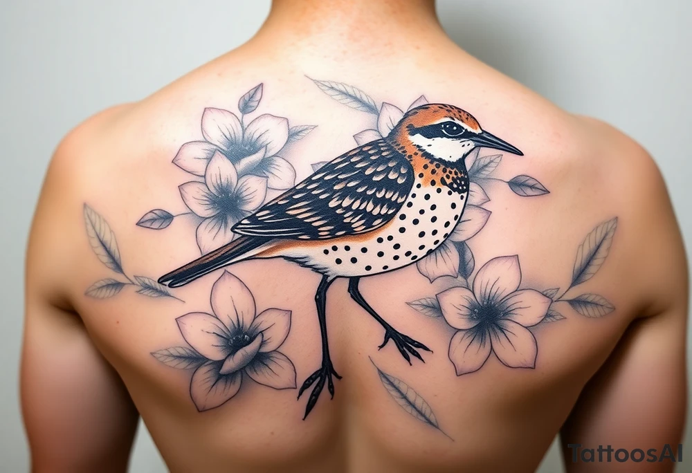 Female pacific golden plover (kolea) bird hawaiian flowers and lei in color detailed tattoo idea