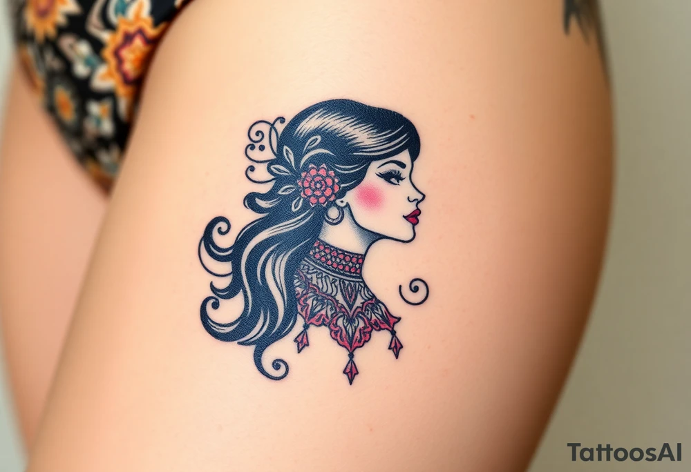Art deco woman with elaborate filigree, BDSM collar, thigh tattoo. tattoo idea
